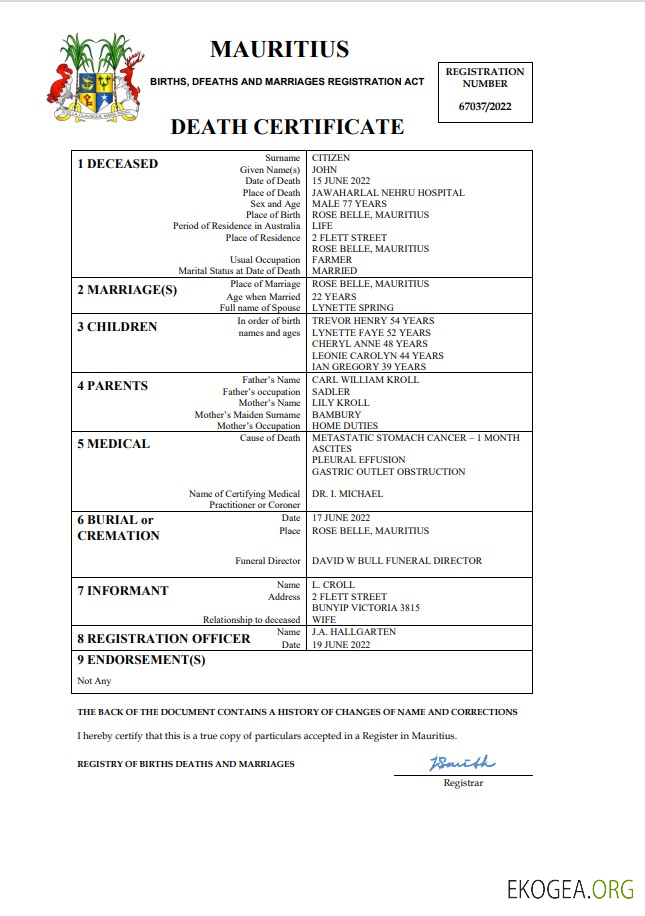 Modèle Word et PDF d'acte de décès à Maurice, entièrement modifiable